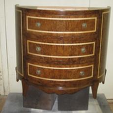 Curved vanity in Olive Ash Burl & Tiger Maple banding - Photo taken in our shop before installation.